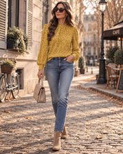 Helena Blouse Femme – Col Montant, Plis Devant, Manches Bouffantes & Coupe Fluide