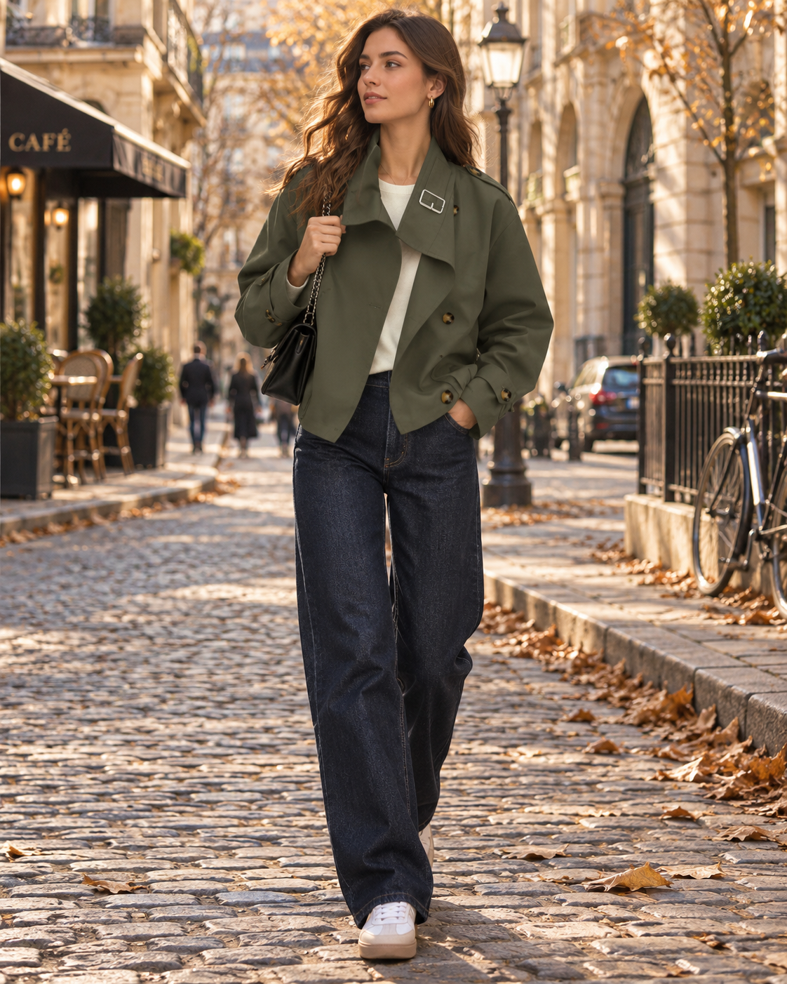 Annalisa Women's Cropped Trench Coat – Stand-Up Collar, Double-Breasted & Buckled Straps