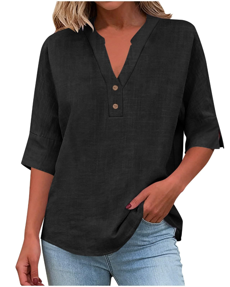 Eirlys Women’s Blouse – Cotton & Linen, Buttoned V-Neck, 3/4 Sleeves, Loose Fit