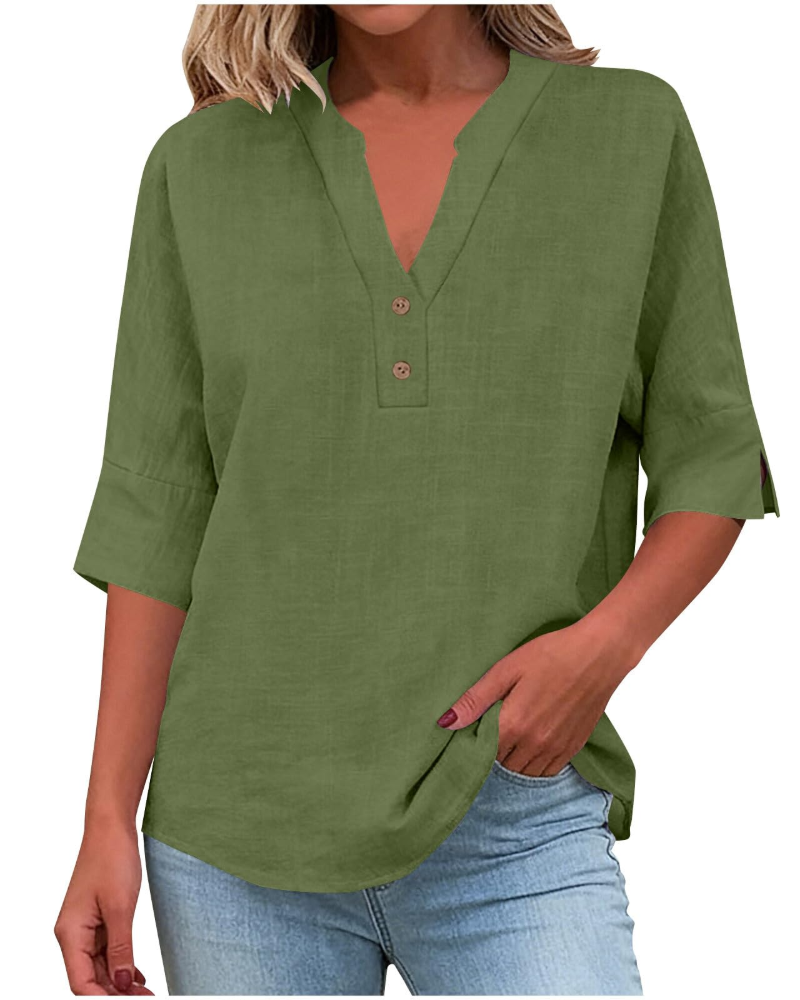 Eirlys Women’s Blouse – Cotton & Linen, Buttoned V-Neck, 3/4 Sleeves, Loose Fit