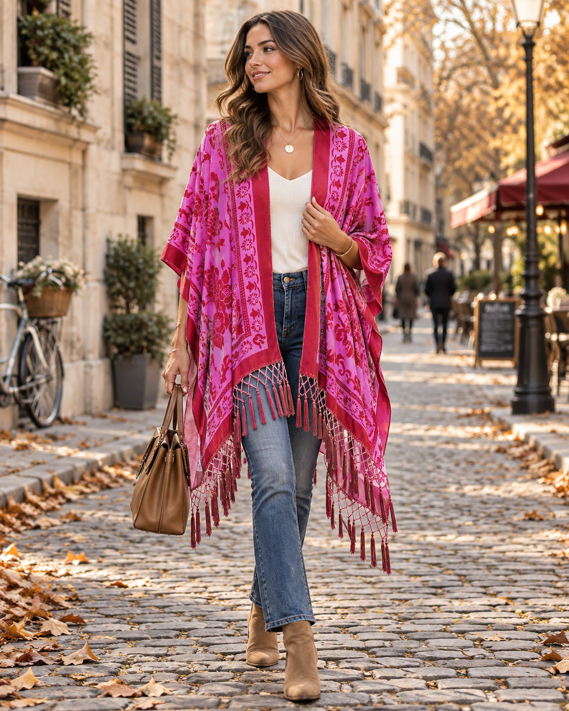 Ofel Kimono Long Femme en Velours – Motif Floral, Franges à Pompons & Coupe Fluide