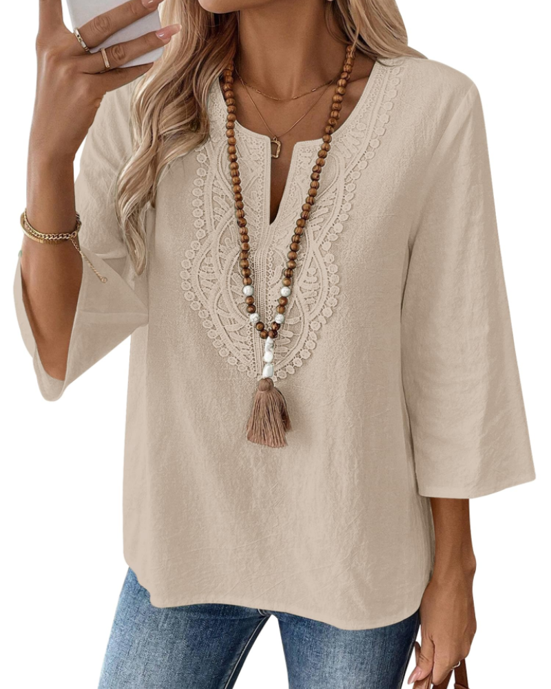 Blusa de senhora Coralie – 80% algodão, 20% linho, decote em V com renda, mangas 3/4 e corte amplo