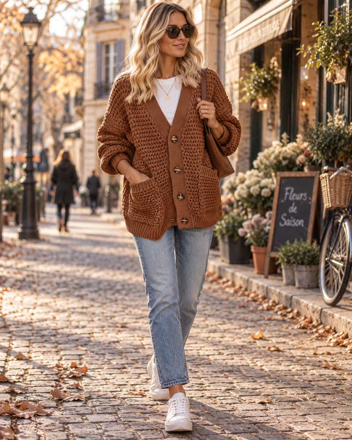 Aira Cardigan Femme en Maille Torsadée – Col V, Coupe Ample, Boutons & Poches