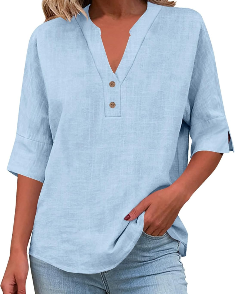 Eirlys Women’s Blouse – Cotton & Linen, Buttoned V-Neck, 3/4 Sleeves, Loose Fit