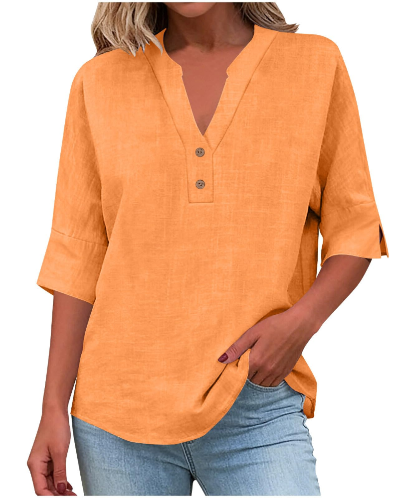 Eirlys Women’s Blouse – Cotton & Linen, Buttoned V-Neck, 3/4 Sleeves, Loose Fit