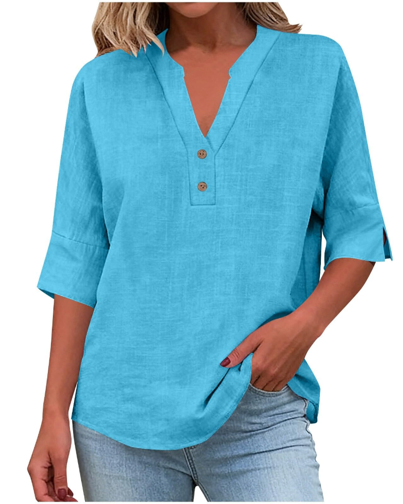 Eirlys Women’s Blouse – Cotton & Linen, Buttoned V-Neck, 3/4 Sleeves, Loose Fit