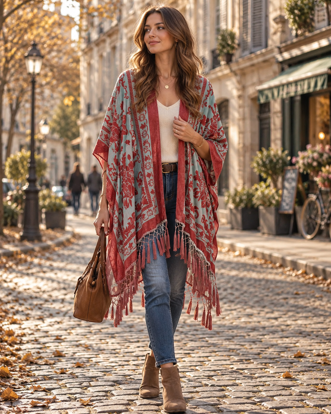 Ofel Kimono Long Femme en Velours – Motif Floral, Franges à Pompons & Coupe Fluide