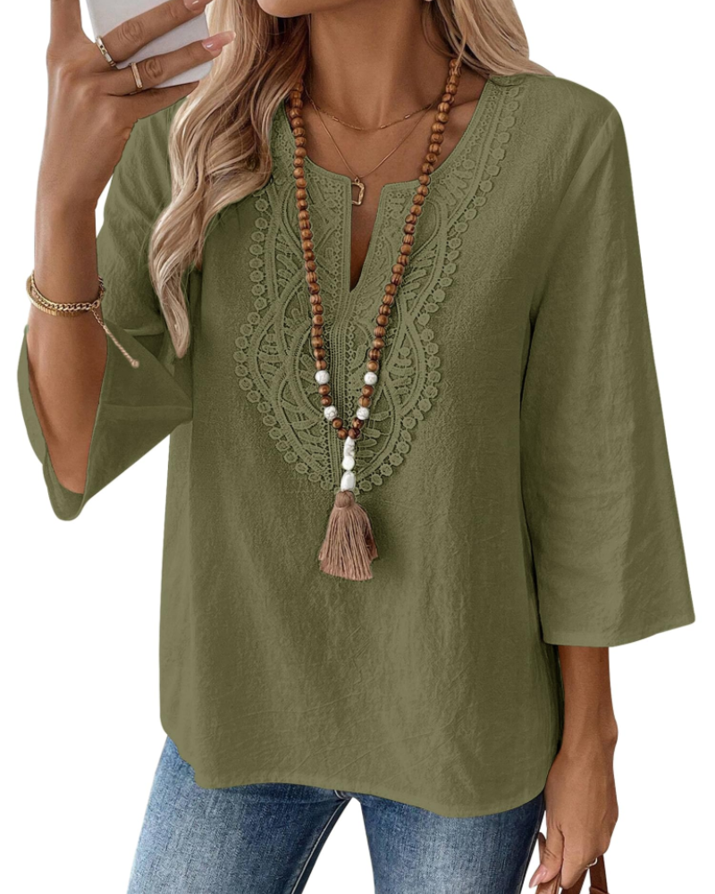 Blusa de senhora Coralie – 80% algodão, 20% linho, decote em V com renda, mangas 3/4 e corte amplo