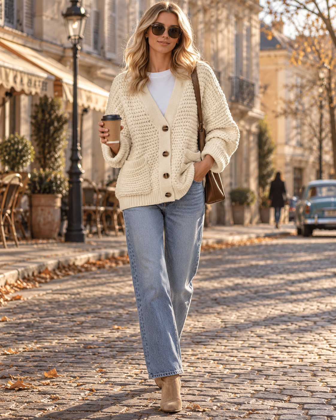 Aira Cardigan Femme en Maille Torsadée – Col V, Coupe Ample, Boutons & Poches