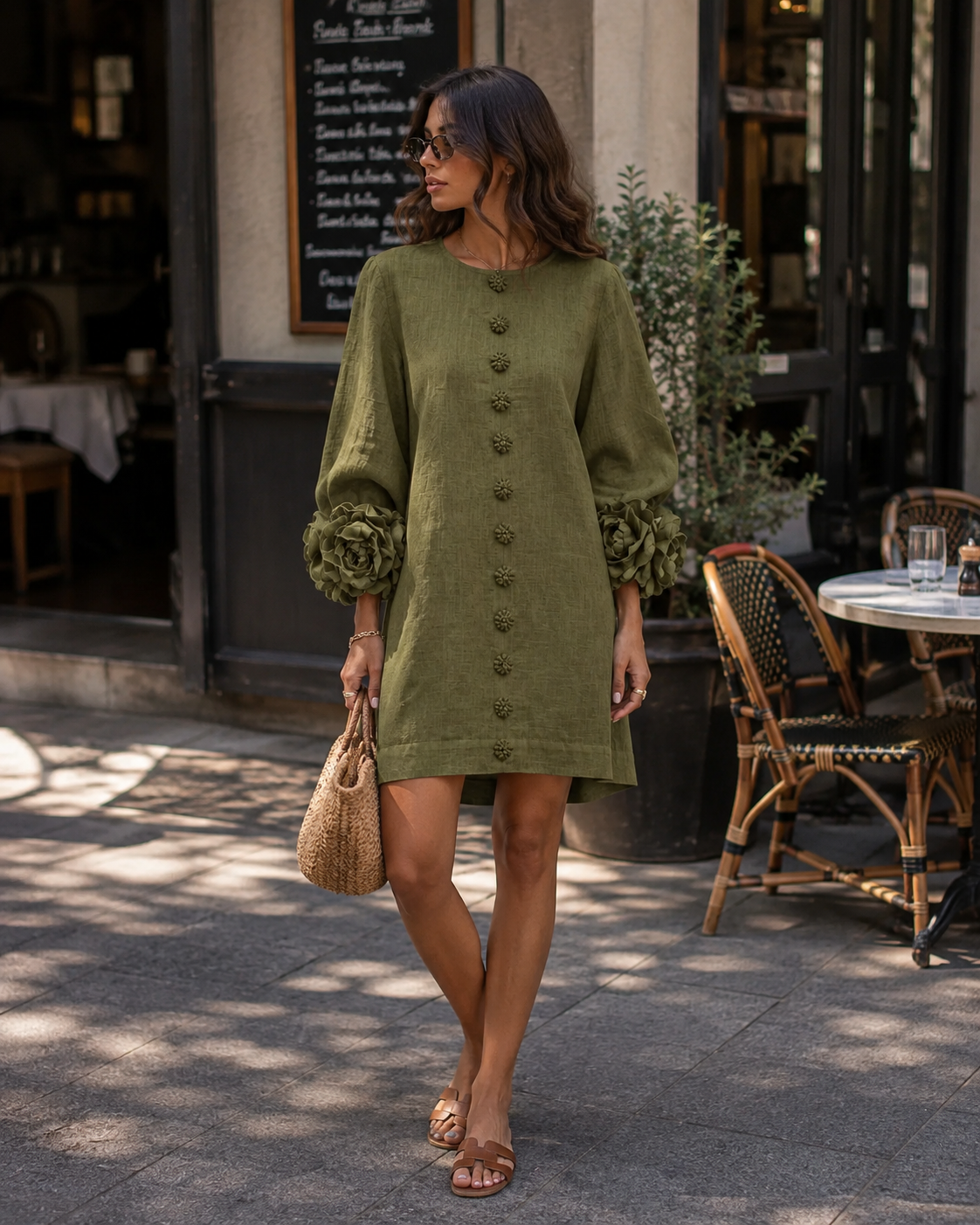 Anita Robe Mini Femme – Coupe Trapèze, Manches 3/4 & Détails Roses aux Poignets