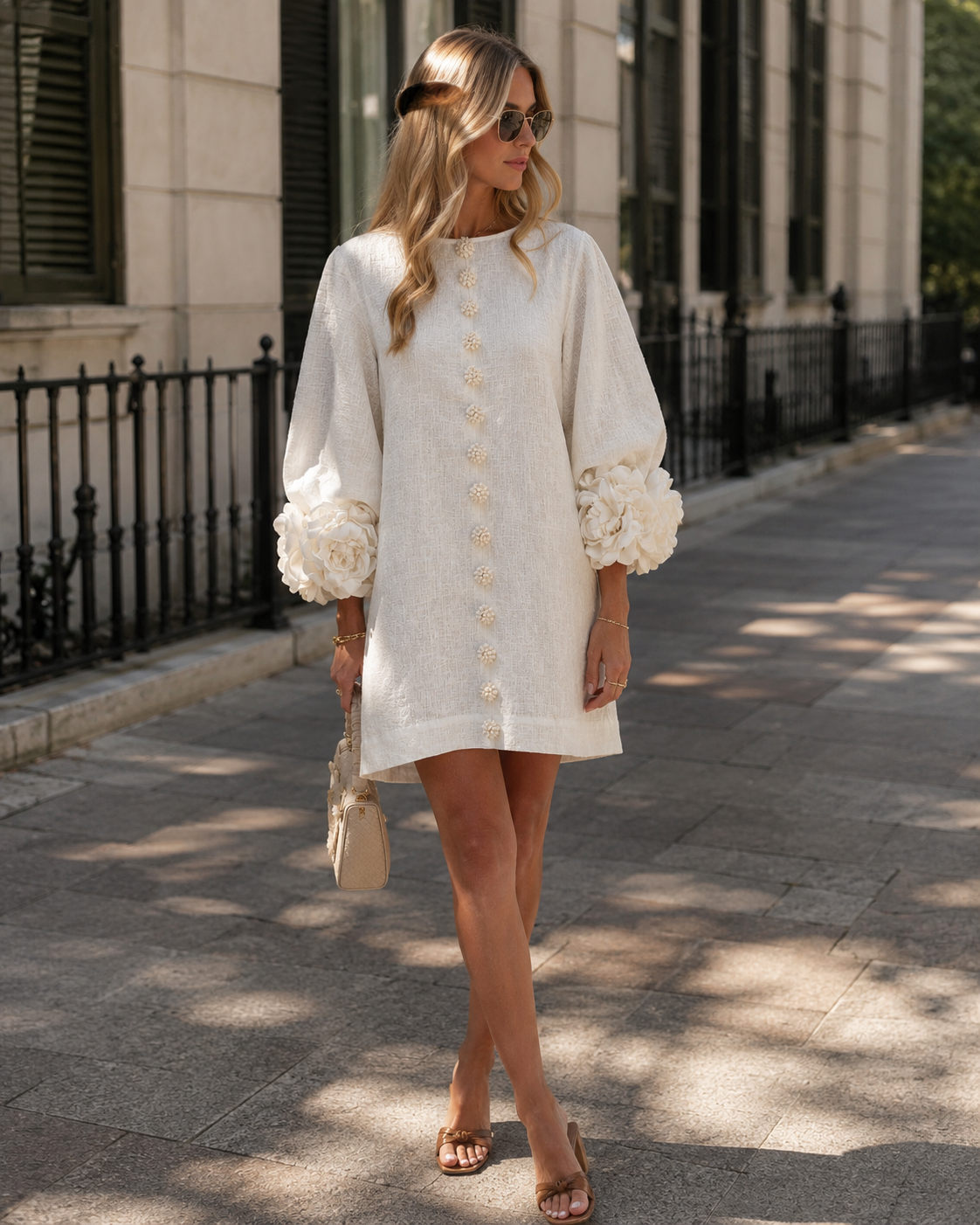 Anita Robe Mini Femme – Coupe Trapèze, Manches 3/4 & Détails Roses aux Poignets
