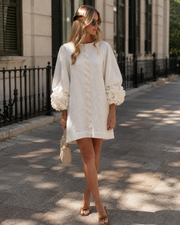 Anita Robe Mini Femme – Coupe Trapèze, Manches 3/4 & Détails Roses aux Poignets