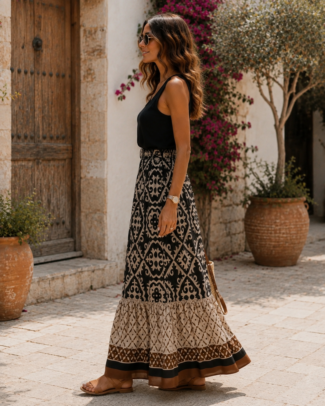 Bailey Women's Maxi Skirt – Bohemian Print, Elastic Waist & Ruffled Hem