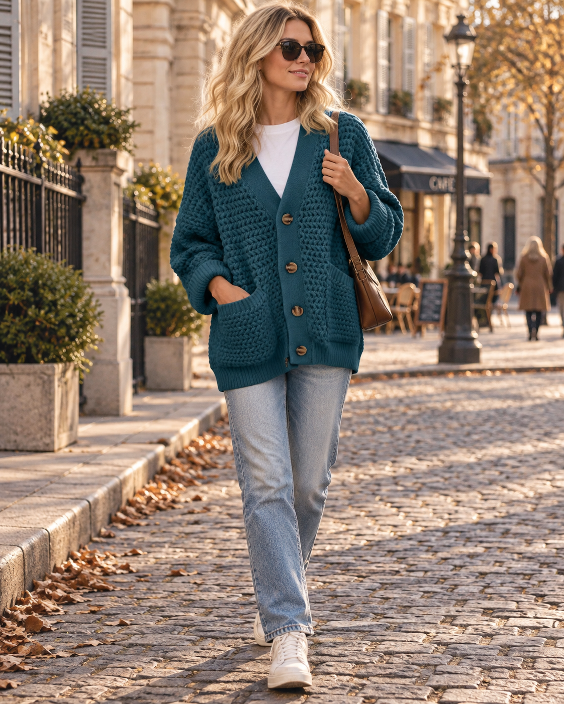Aira Cardigan Femme en Maille Torsadée – Col V, Coupe Ample, Boutons & Poches