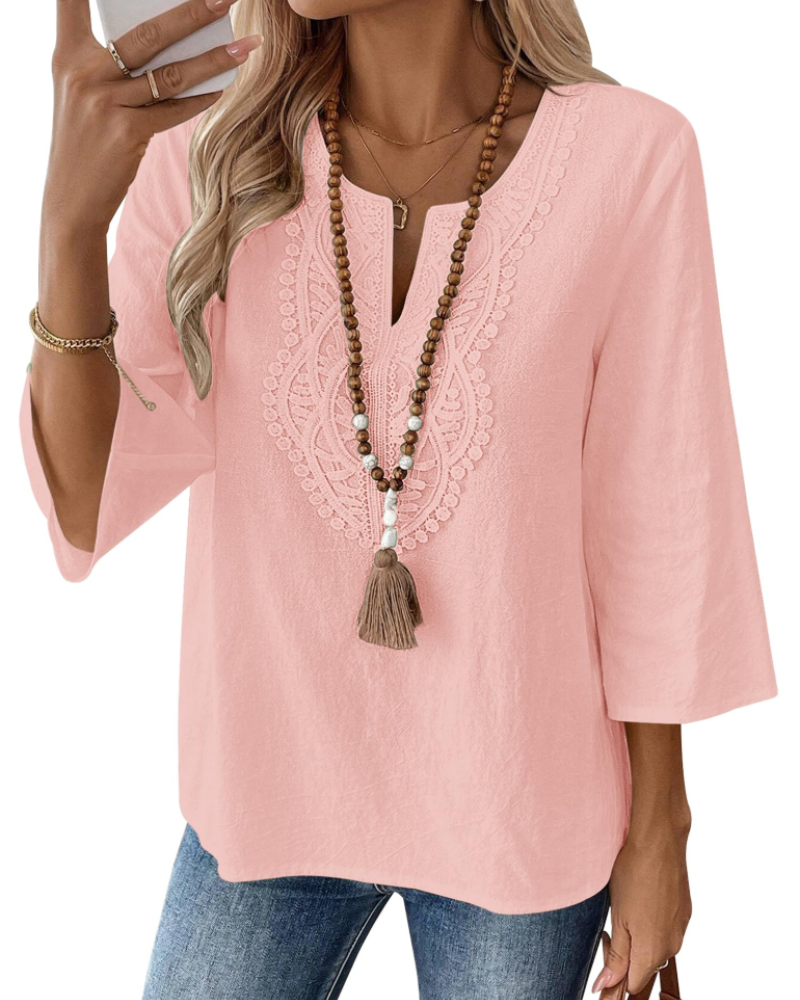 Blusa de senhora Coralie – 80% algodão, 20% linho, decote em V com renda, mangas 3/4 e corte amplo