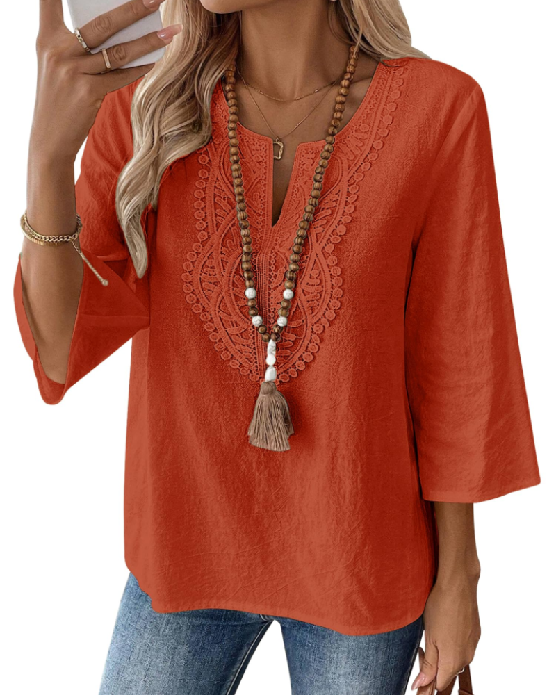 Blusa de senhora Coralie – 80% algodão, 20% linho, decote em V com renda, mangas 3/4 e corte amplo