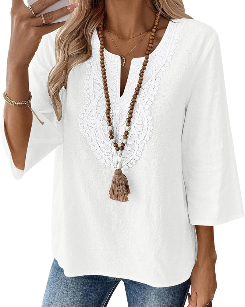 Blusa de senhora Coralie – 80% algodão, 20% linho, decote em V com renda, mangas 3/4 e corte amplo