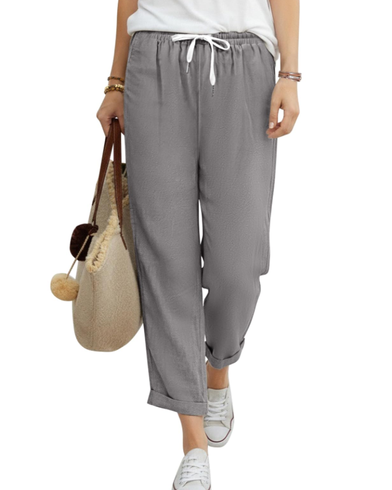 Pantaloni 7/8 pentru femei Maelis – 100% bumbac, talie elastică cu șnur și buzunare
