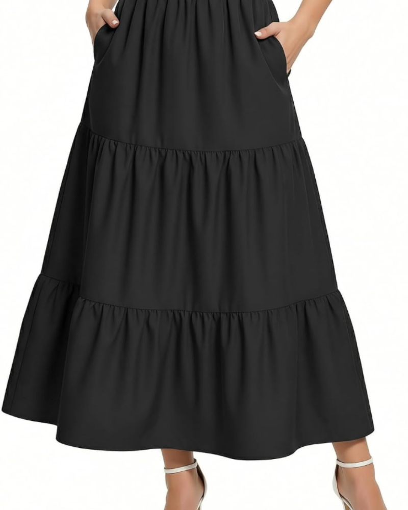 Calista Jupe Longue Femme – Taille Haute Élastique, Plissée, Coupe Évasée & Poches