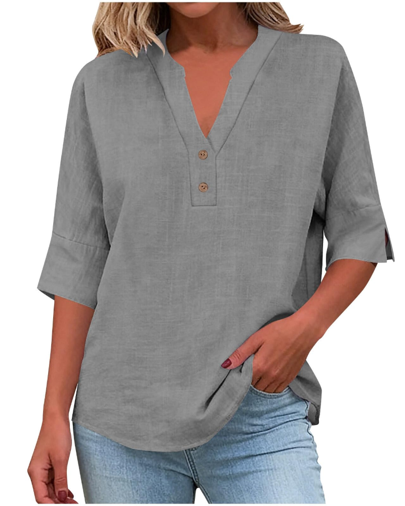 Eirlys Women’s Blouse – Cotton & Linen, Buttoned V-Neck, 3/4 Sleeves, Loose Fit