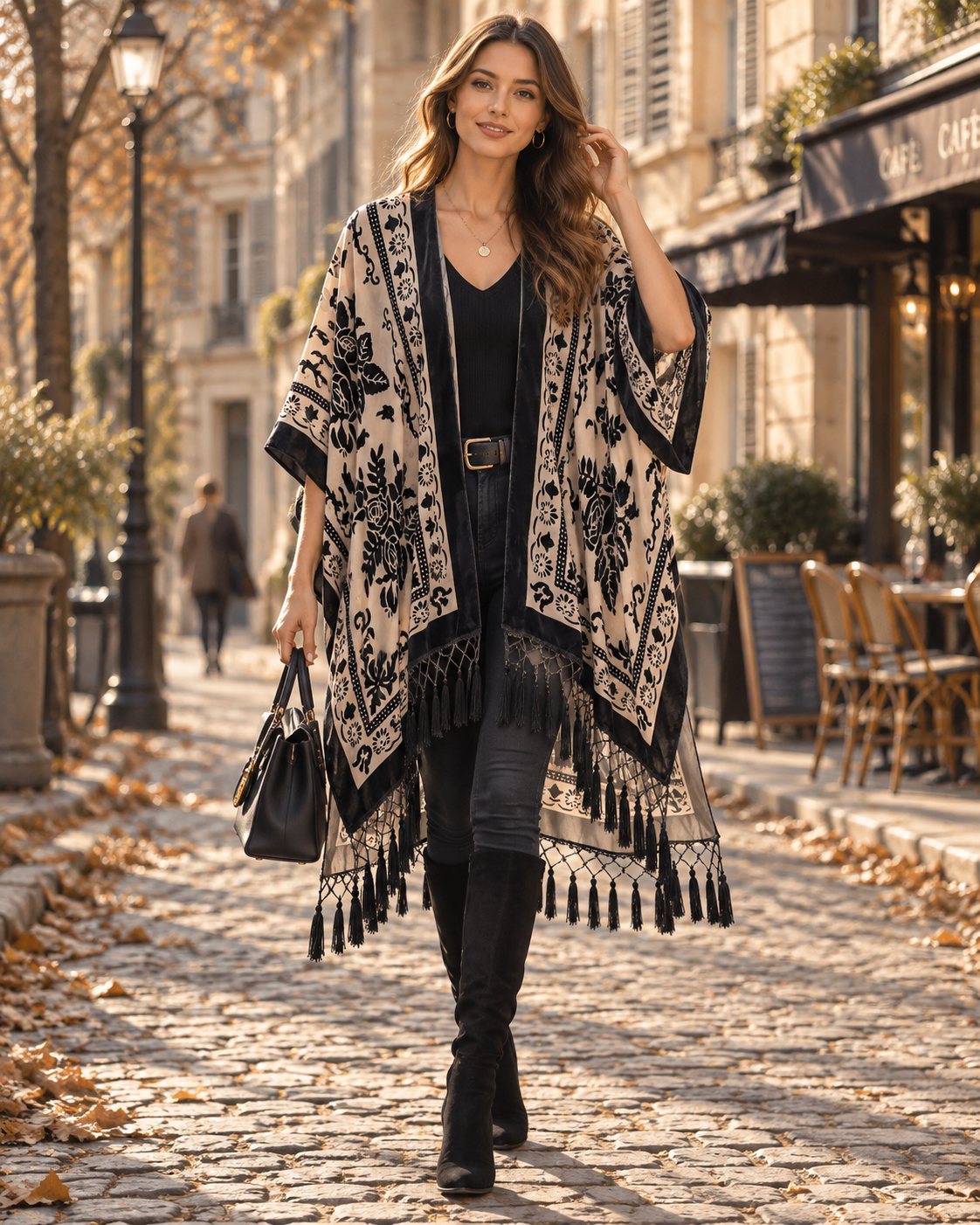 Ofel Kimono Long Femme en Velours – Motif Floral, Franges à Pompons & Coupe Fluide