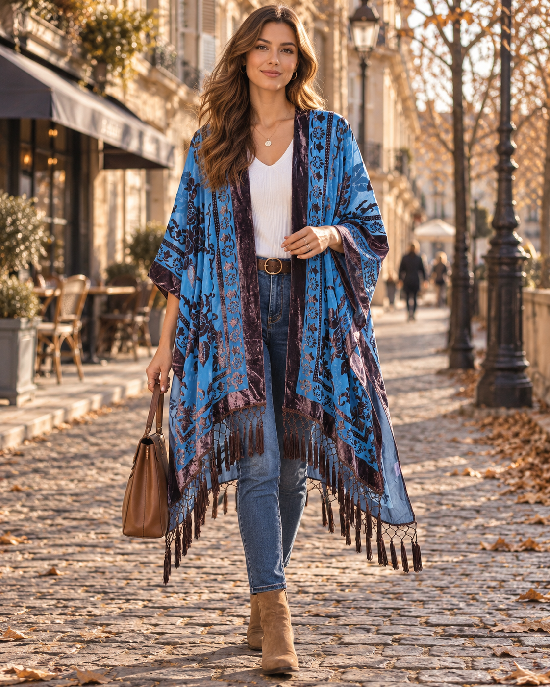 Ofel Kimono Long Femme en Velours – Motif Floral, Franges à Pompons & Coupe Fluide