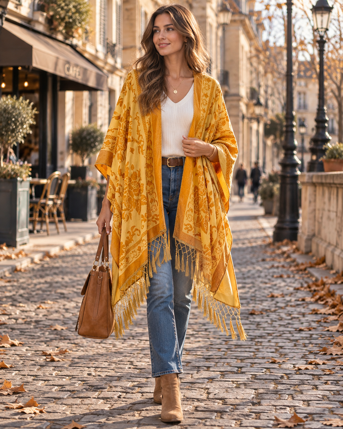 Ofel Kimono Long Femme en Velours – Motif Floral, Franges à Pompons & Coupe Fluide