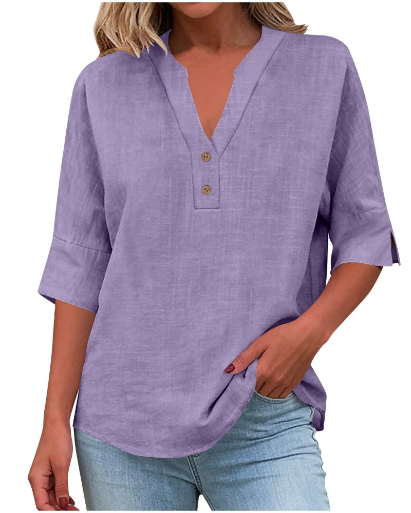 Eirlys Women’s Blouse – Cotton & Linen, Buttoned V-Neck, 3/4 Sleeves, Loose Fit