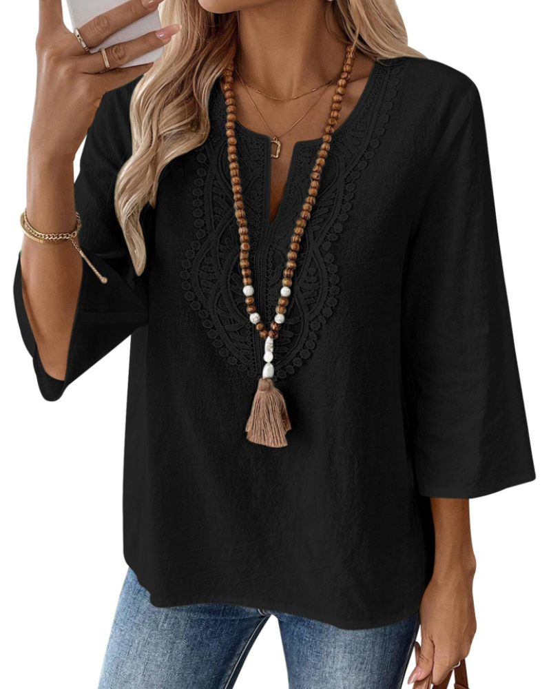 Blusa de senhora Coralie – 80% algodão, 20% linho, decote em V com renda, mangas 3/4 e corte amplo