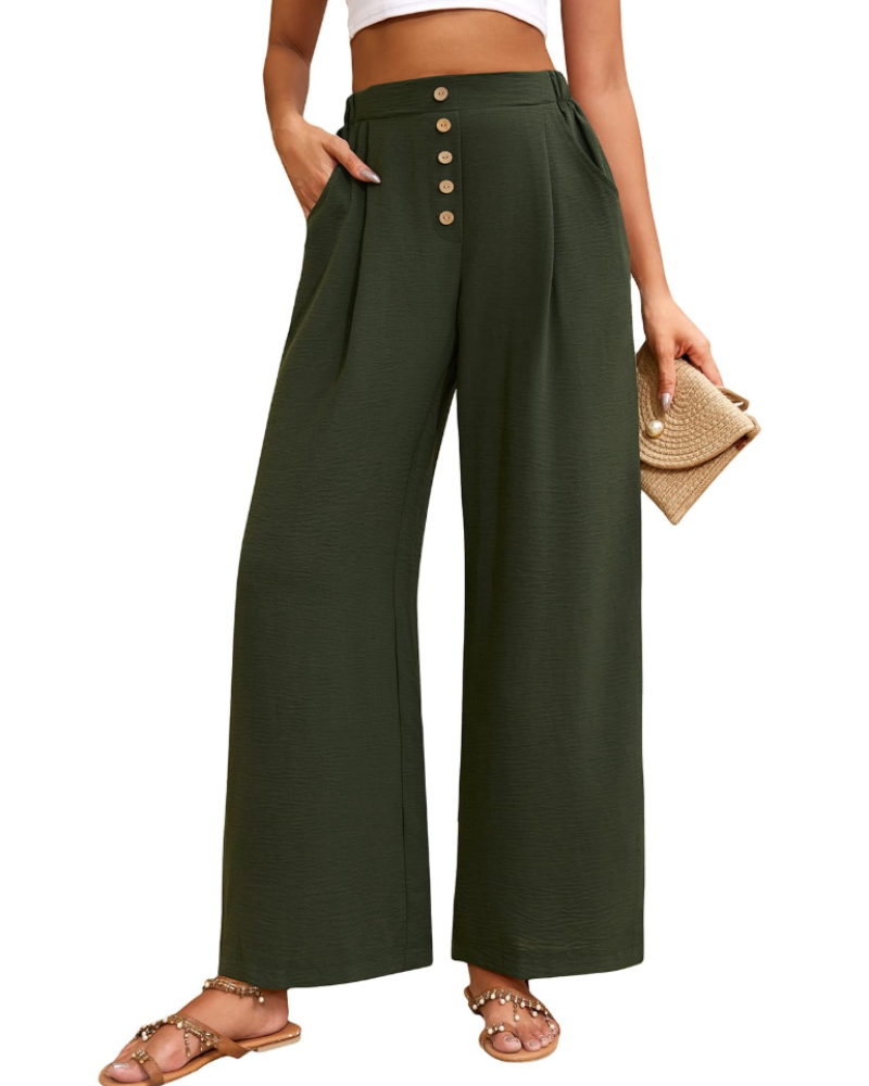 Pantalón palazzo de mujer Aveline – Tiro alto elástico, perneras anchas y botones
