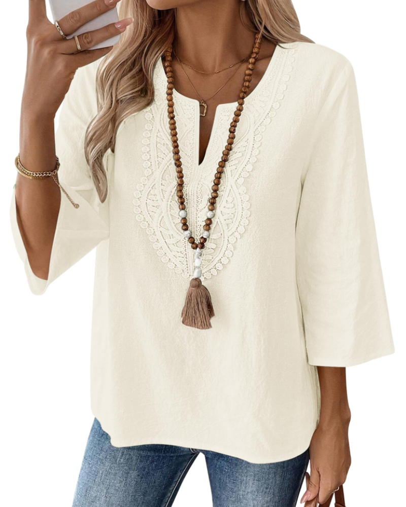 Blusa de senhora Coralie – 80% algodão, 20% linho, decote em V com renda, mangas 3/4 e corte amplo