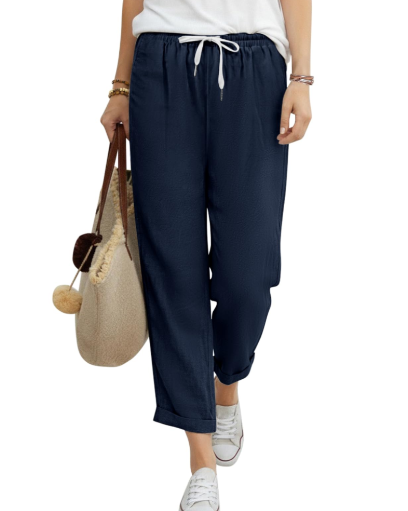 Pantaloni 7/8 pentru femei Maelis – 100% bumbac, talie elastică cu șnur și buzunare