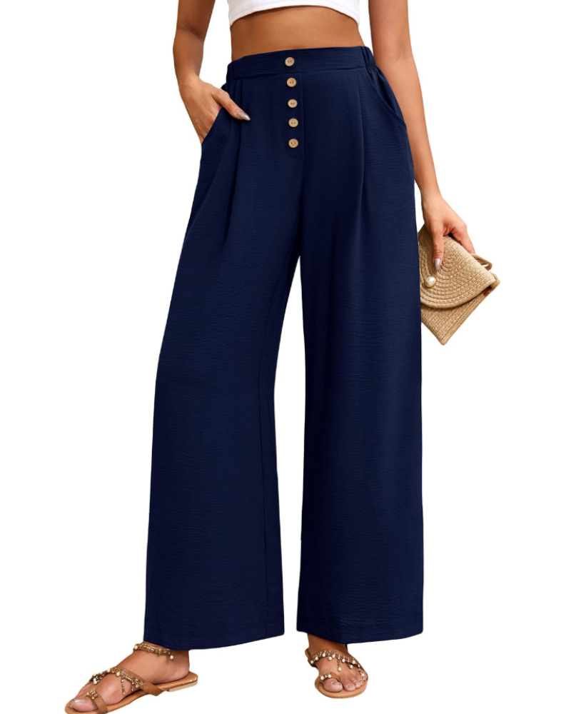 Pantalón palazzo de mujer Aveline – Tiro alto elástico, perneras anchas y botones