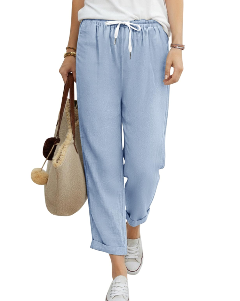 Pantaloni 7/8 pentru femei Maelis – 100% bumbac, talie elastică cu șnur și buzunare