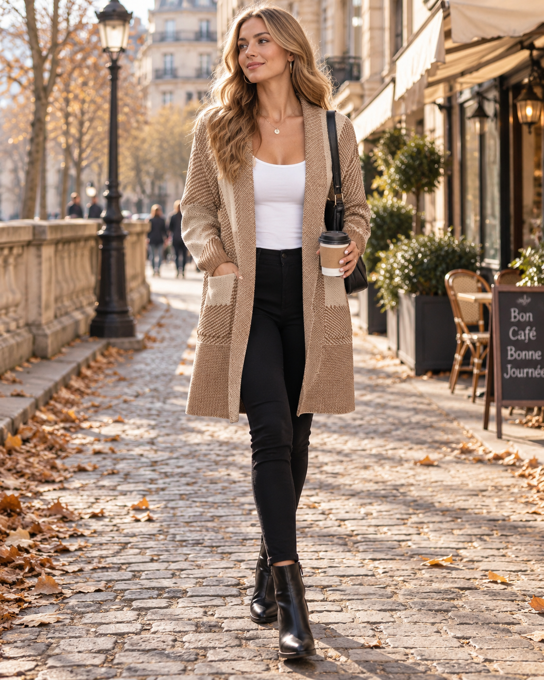 Sally Cardigan Long Femme à Carreaux – Coupe Oversize, Devant Ouvert & Grandes Poches