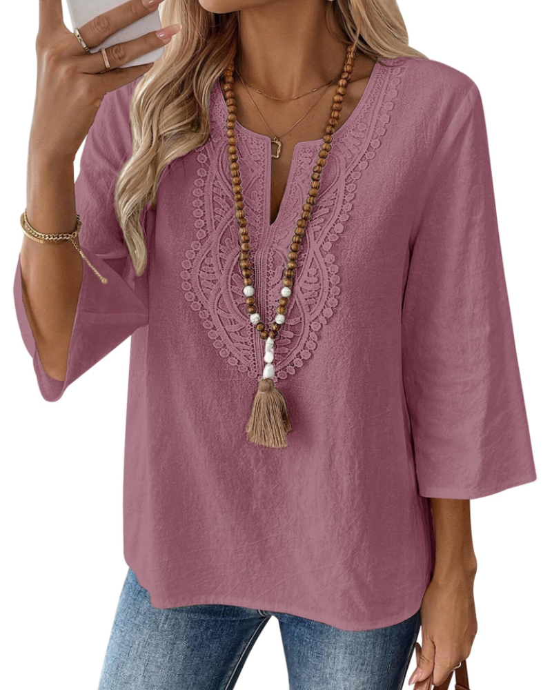 Blusa de senhora Coralie – 80% algodão, 20% linho, decote em V com renda, mangas 3/4 e corte amplo