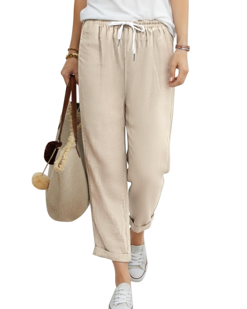 Pantaloni 7/8 pentru femei Maelis – 100% bumbac, talie elastică cu șnur și buzunare