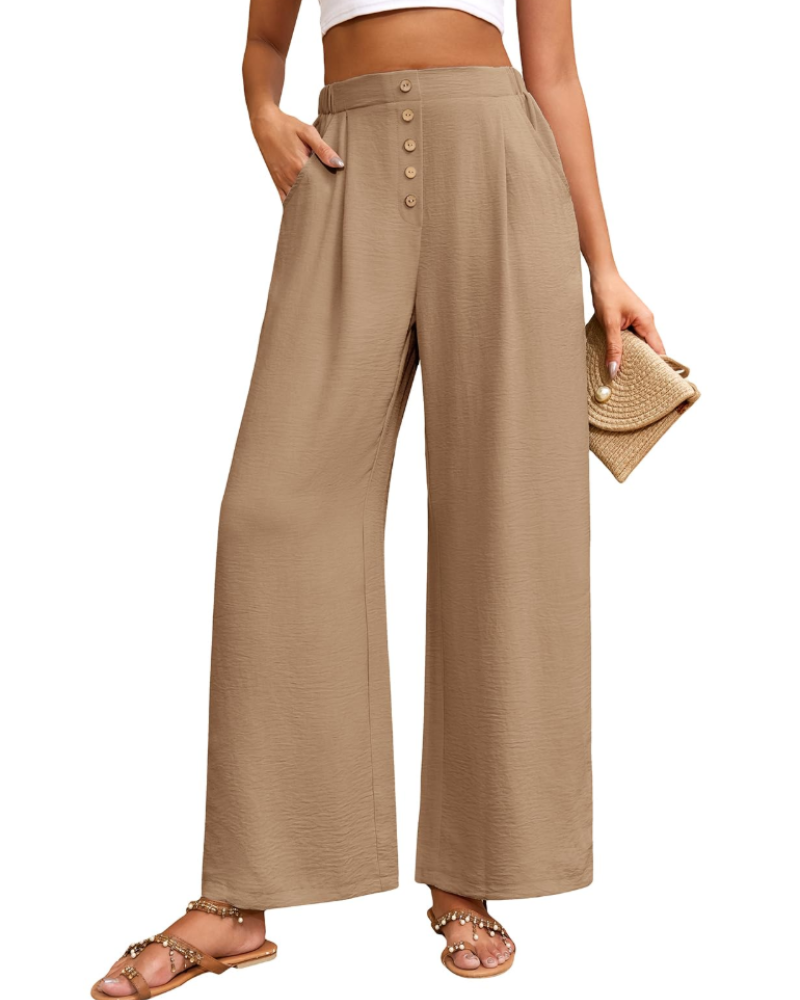 Pantalón palazzo de mujer Aveline – Tiro alto elástico, perneras anchas y botones