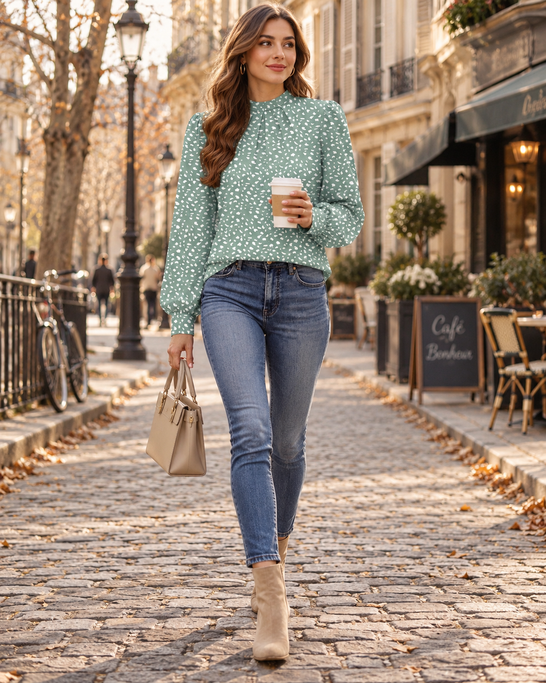 Helena Blouse Femme – Col Montant, Plis Devant, Manches Bouffantes & Coupe Fluide