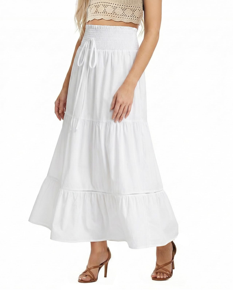 Calista Jupe Longue Femme – Taille Haute Élastique, Plissée, Coupe Évasée & Poches