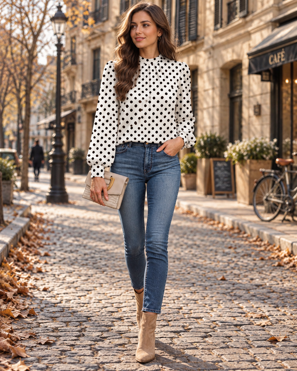 Helena Blouse Femme – Col Montant, Plis Devant, Manches Bouffantes & Coupe Fluide