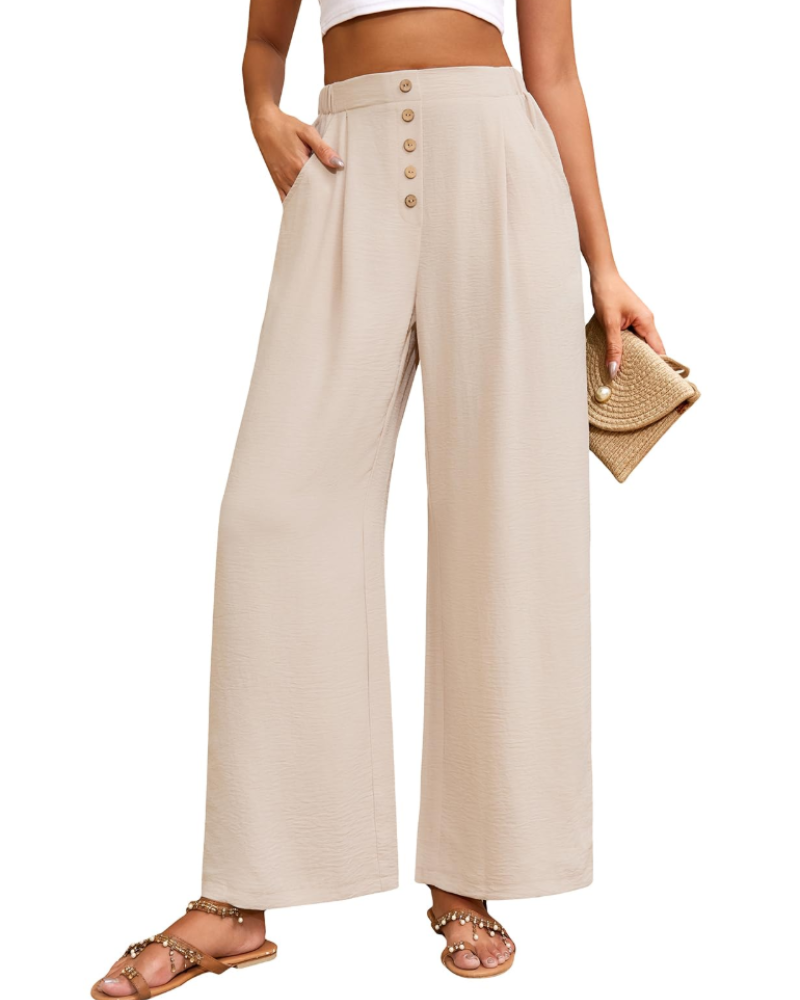 Pantalón palazzo de mujer Aveline – Tiro alto elástico, perneras anchas y botones