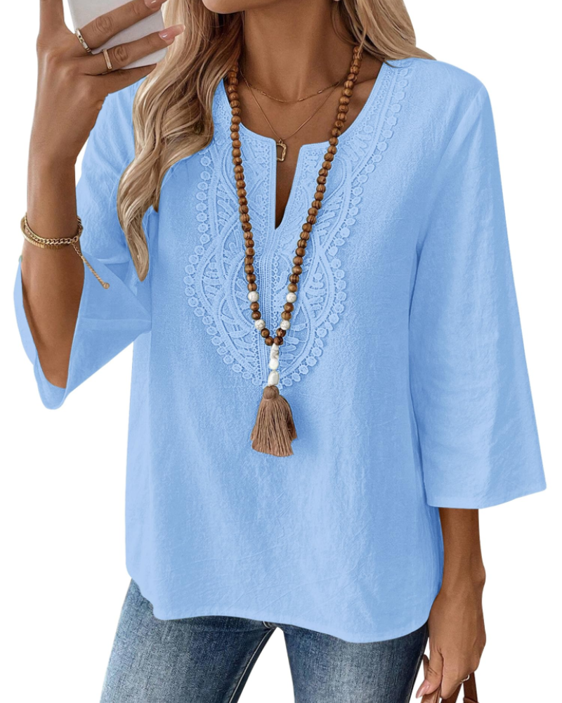 Blusa de senhora Coralie – 80% algodão, 20% linho, decote em V com renda, mangas 3/4 e corte amplo