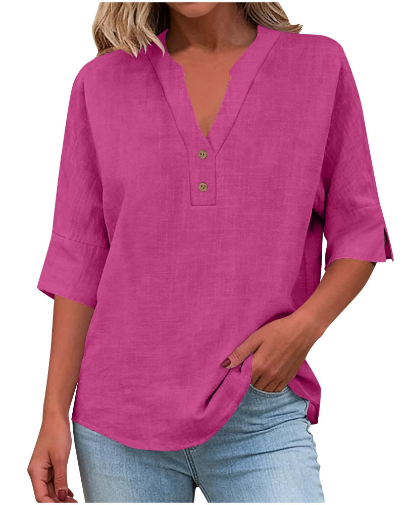 Eirlys Women’s Blouse – Cotton & Linen, Buttoned V-Neck, 3/4 Sleeves, Loose Fit