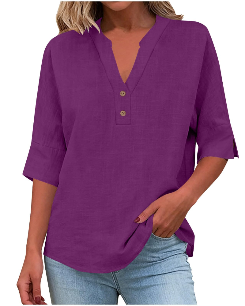 Eirlys Women’s Blouse – Cotton & Linen, Buttoned V-Neck, 3/4 Sleeves, Loose Fit