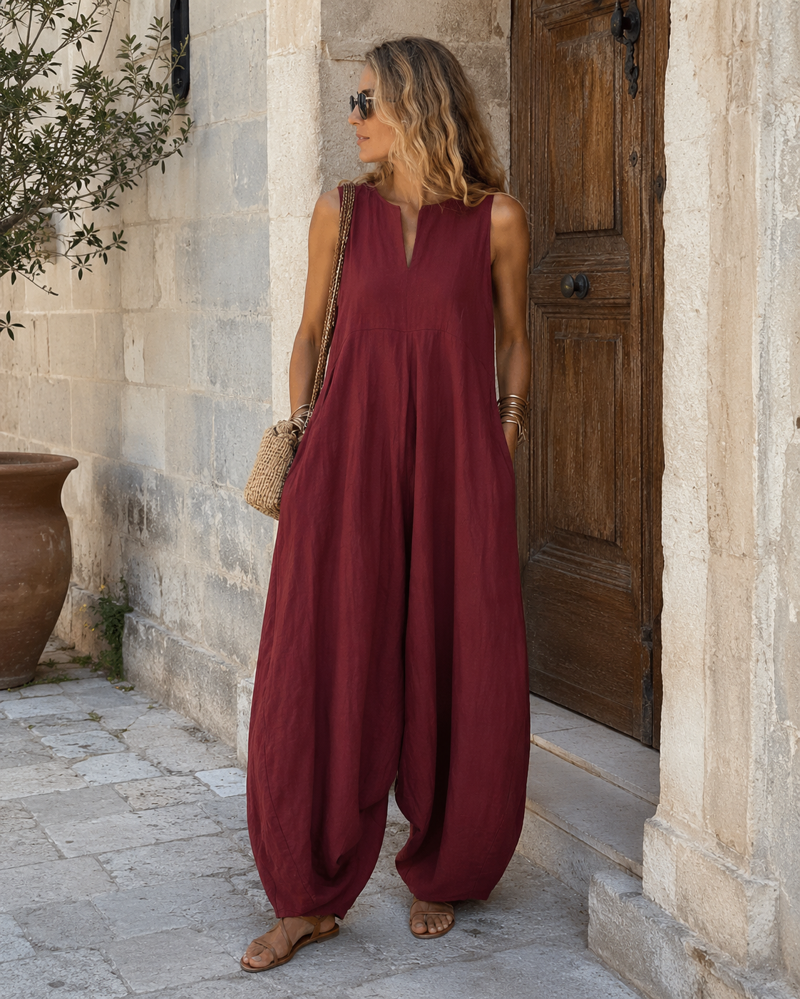 Tessa Ολόσωμη φόρμα Γυναικεία – Αμάνικη, Με Σκίσιμο στη Λαιμόκοψη, Φαρδιά Μπατζάκια & Τσέπες