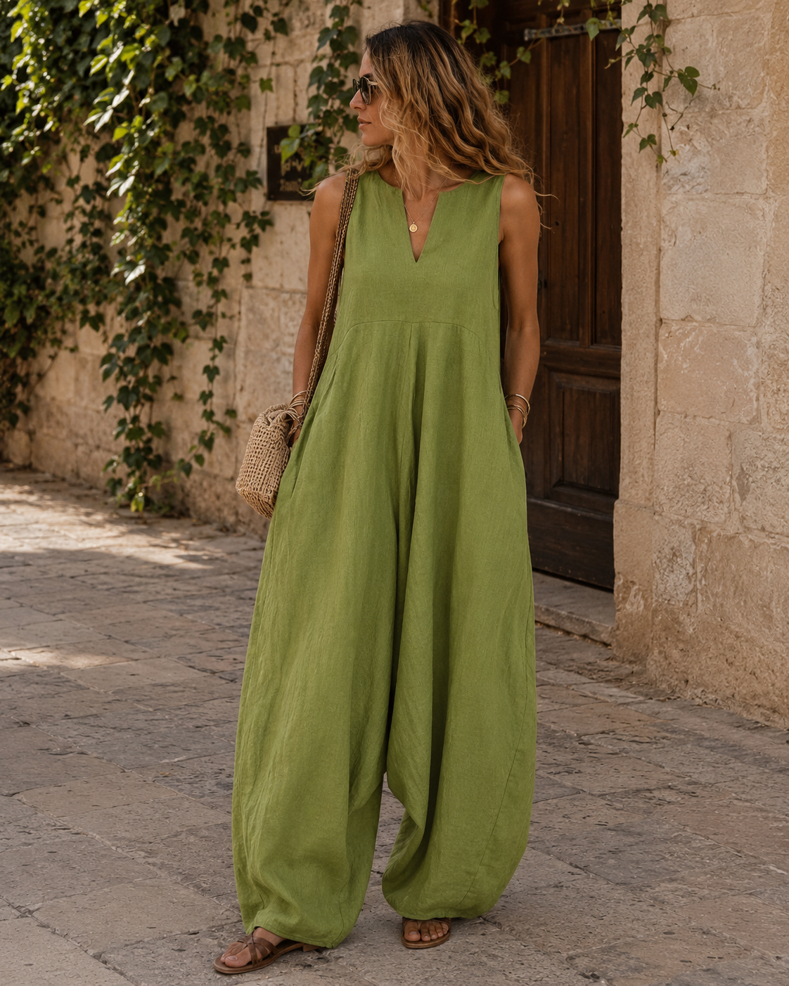 Tessa Ολόσωμη φόρμα Γυναικεία – Αμάνικη, Με Σκίσιμο στη Λαιμόκοψη, Φαρδιά Μπατζάκια & Τσέπες