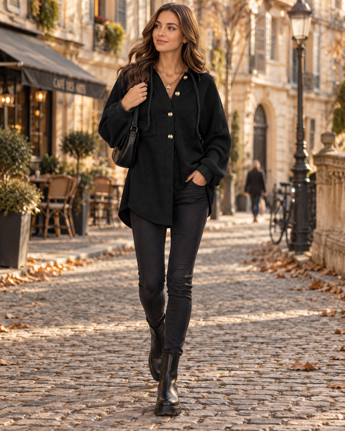 Lorelei Sweat à Capuche Femme – Coupe Oversize, Boutons, Manches en Maille & Poche Poitrine