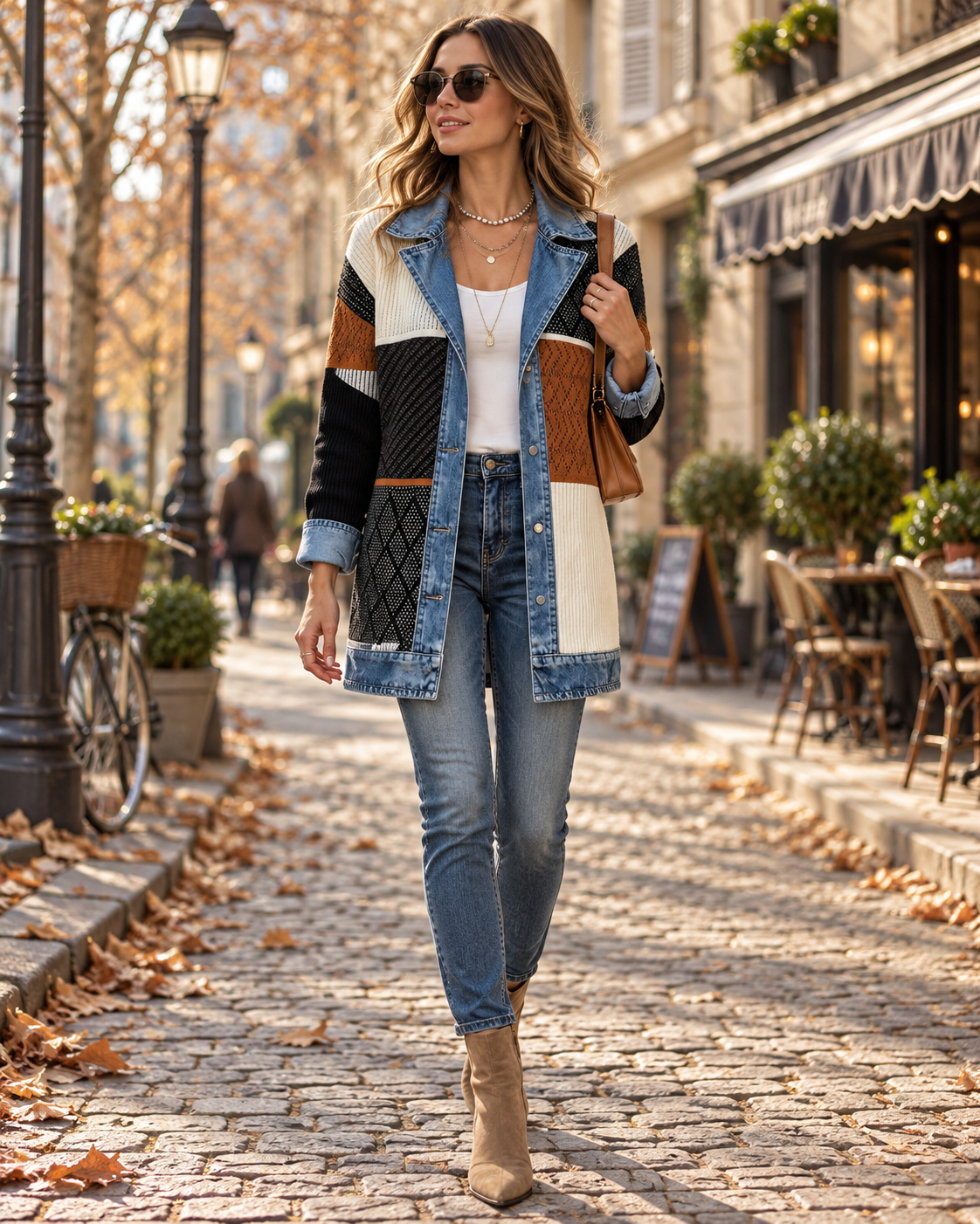 Eloise Women's Knit & Denim Jacket – Notched Collar, Loose Fit & Button Closure