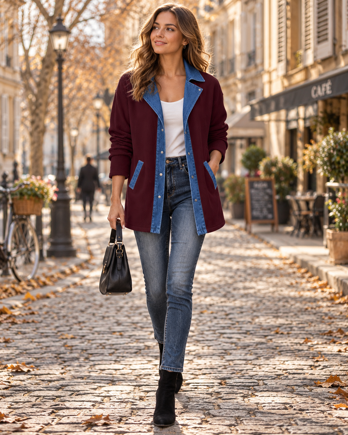 Eloise Women's Knit & Denim Jacket – Notched Collar, Loose Fit & Button Closure